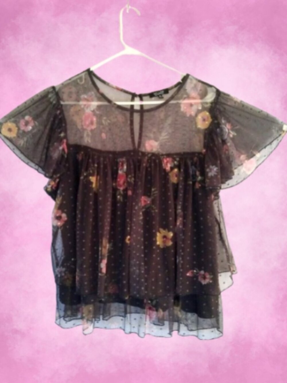 Willow Black Sheer Floral Mesh Top Blouse 1X Cottagecore Feminine Romantic Boho